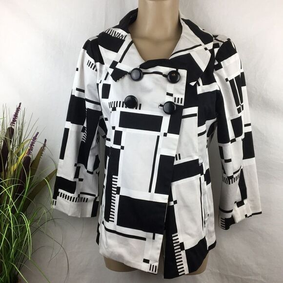 Sandro Black & White Graphic Print Button Up Pea Coat L NEW - Picture 1 of 8